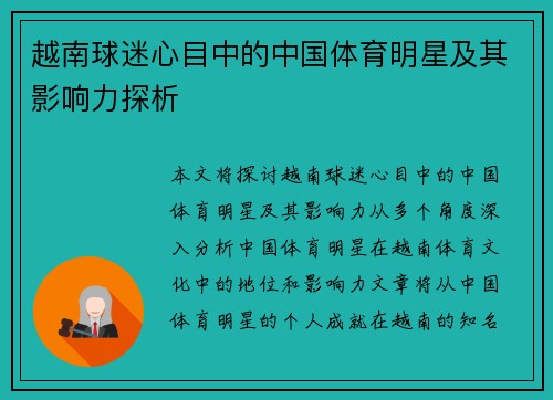 越南球迷心目中的中国体育明星及其影响力探析