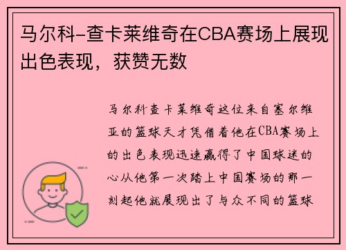 马尔科-查卡莱维奇在CBA赛场上展现出色表现，获赞无数