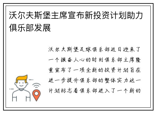 沃尔夫斯堡主席宣布新投资计划助力俱乐部发展